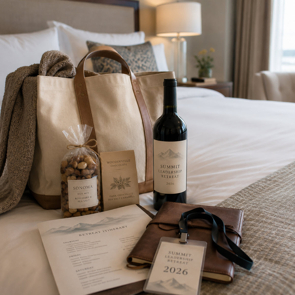 Private-label wine and gourmet gifts arranged for a leadership retreat room drop