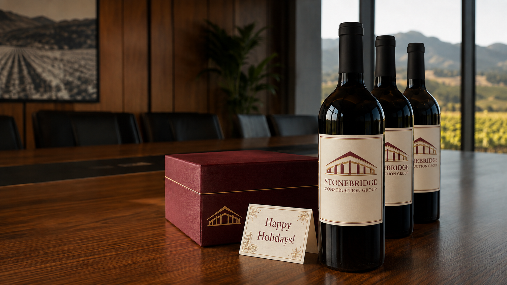Custom-branded wine bottles and gift box prepared for corporate gifting